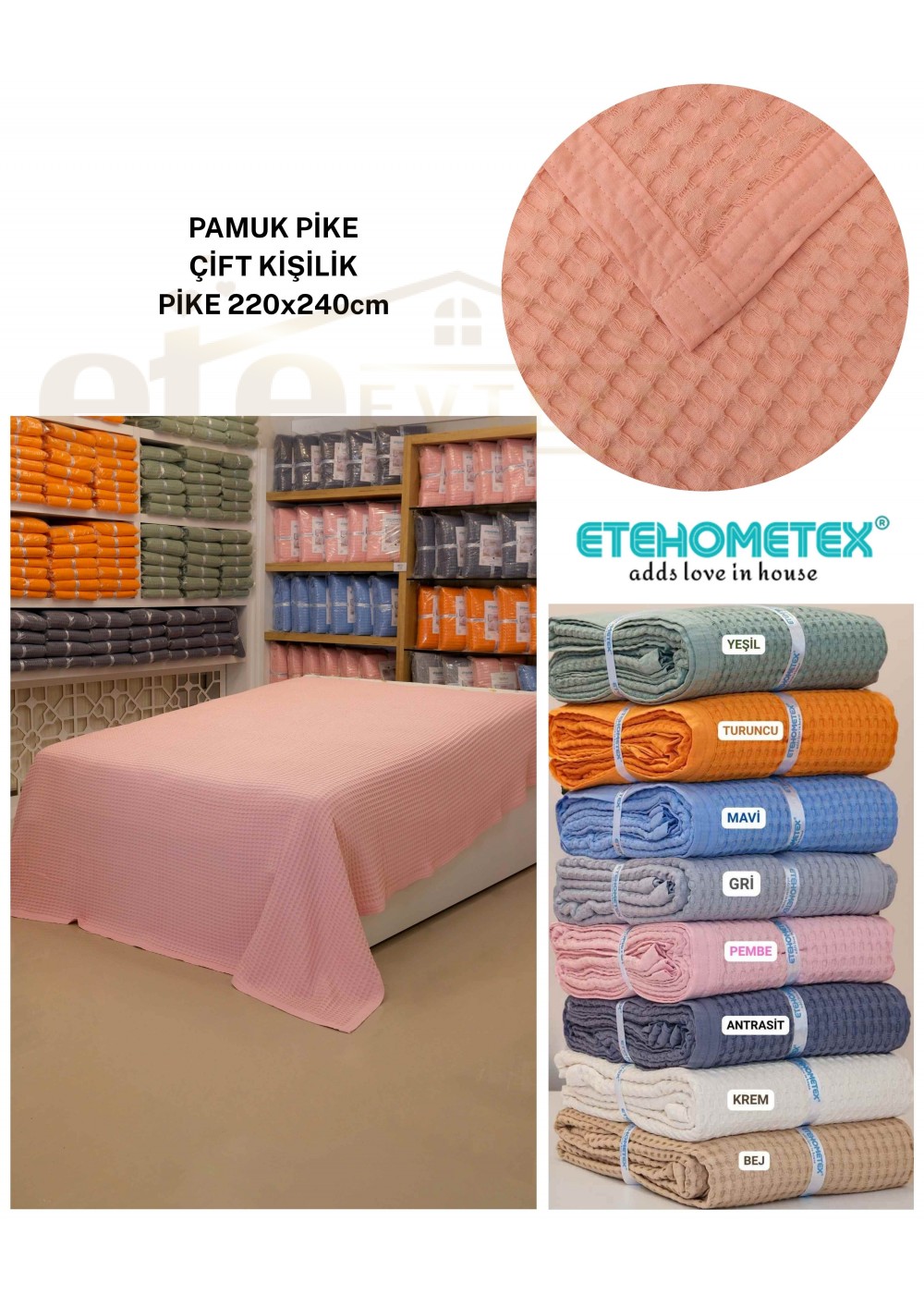 ETEHOMETEX HAVUZLU PİKE ÇİFT KİŞİLİK 220X240CM PEMBE 8696474231846
